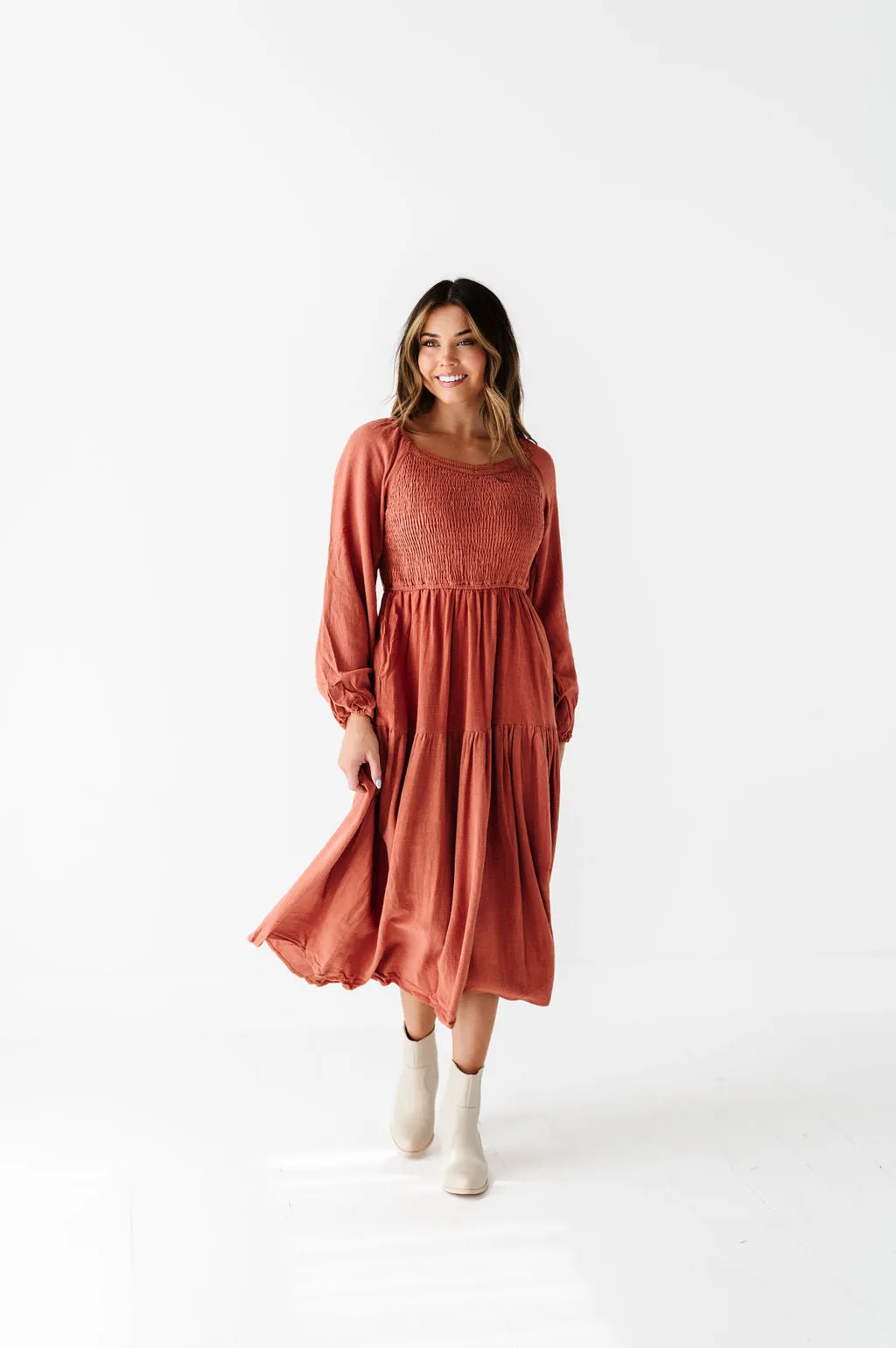 Maya Tiered Dress in Rust