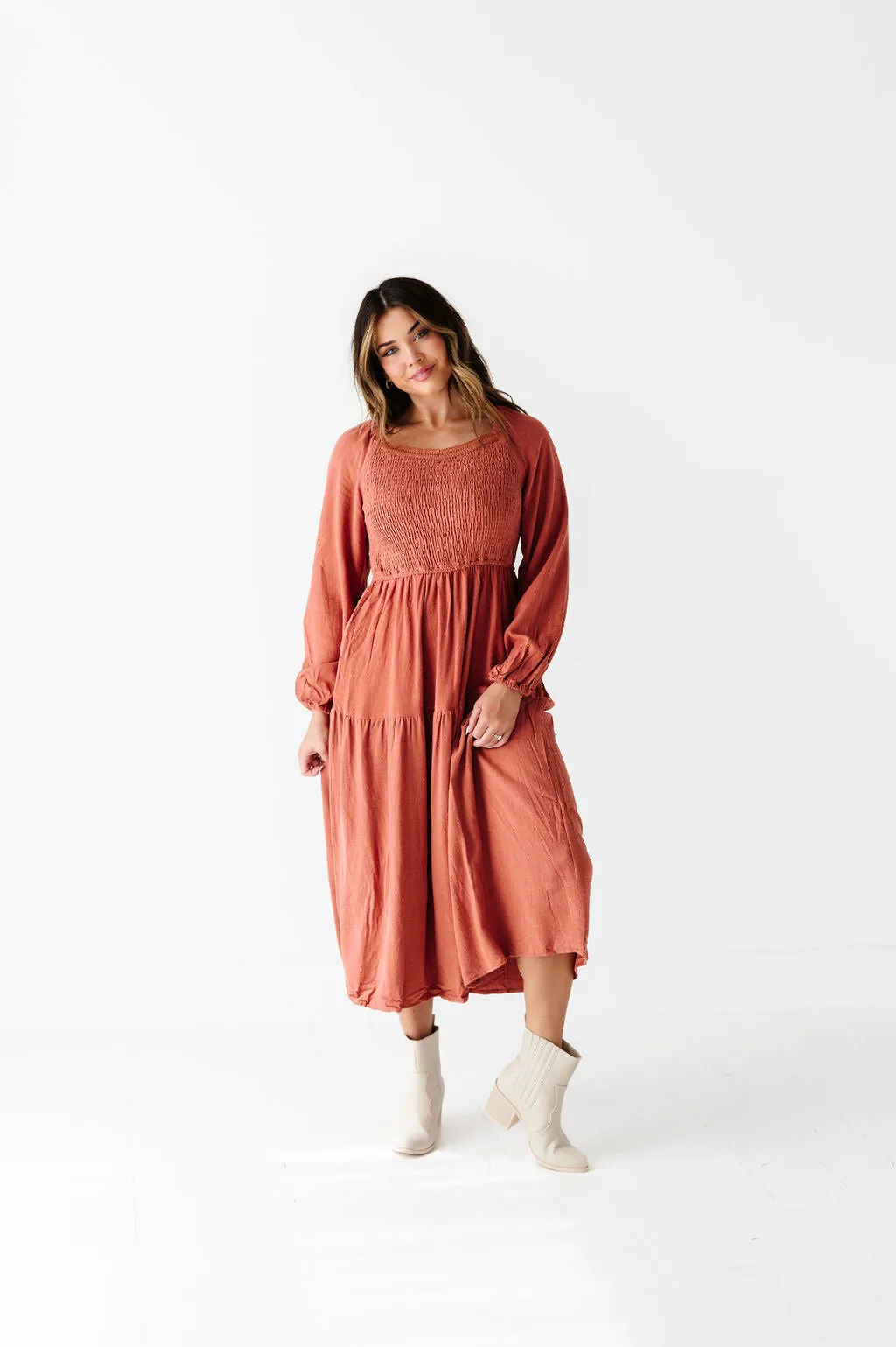 Maya Tiered Dress in Rust