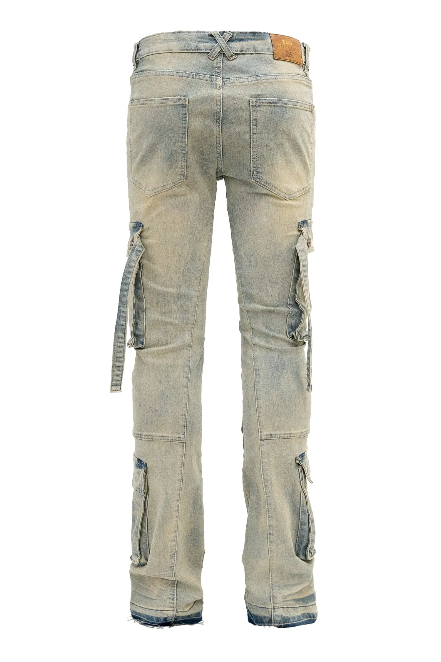 Men's 2-Tone Color Block Washed Stacked Flare Cargo Pants