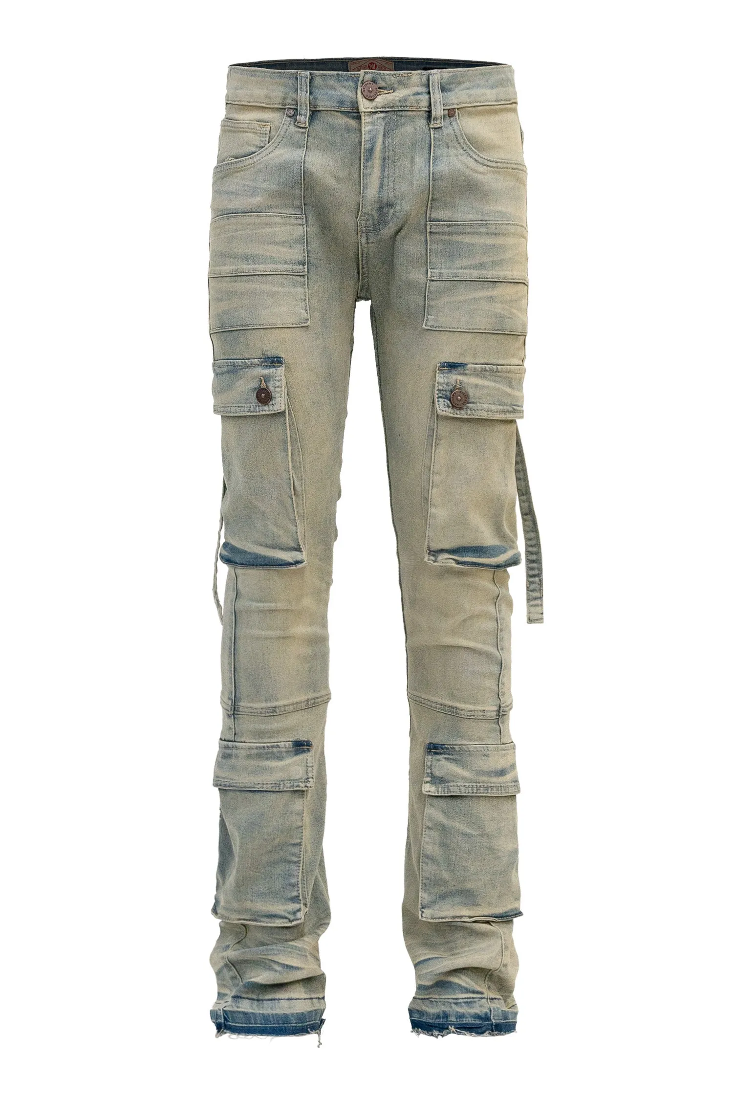 Men's 2-Tone Color Block Washed Stacked Flare Cargo Pants