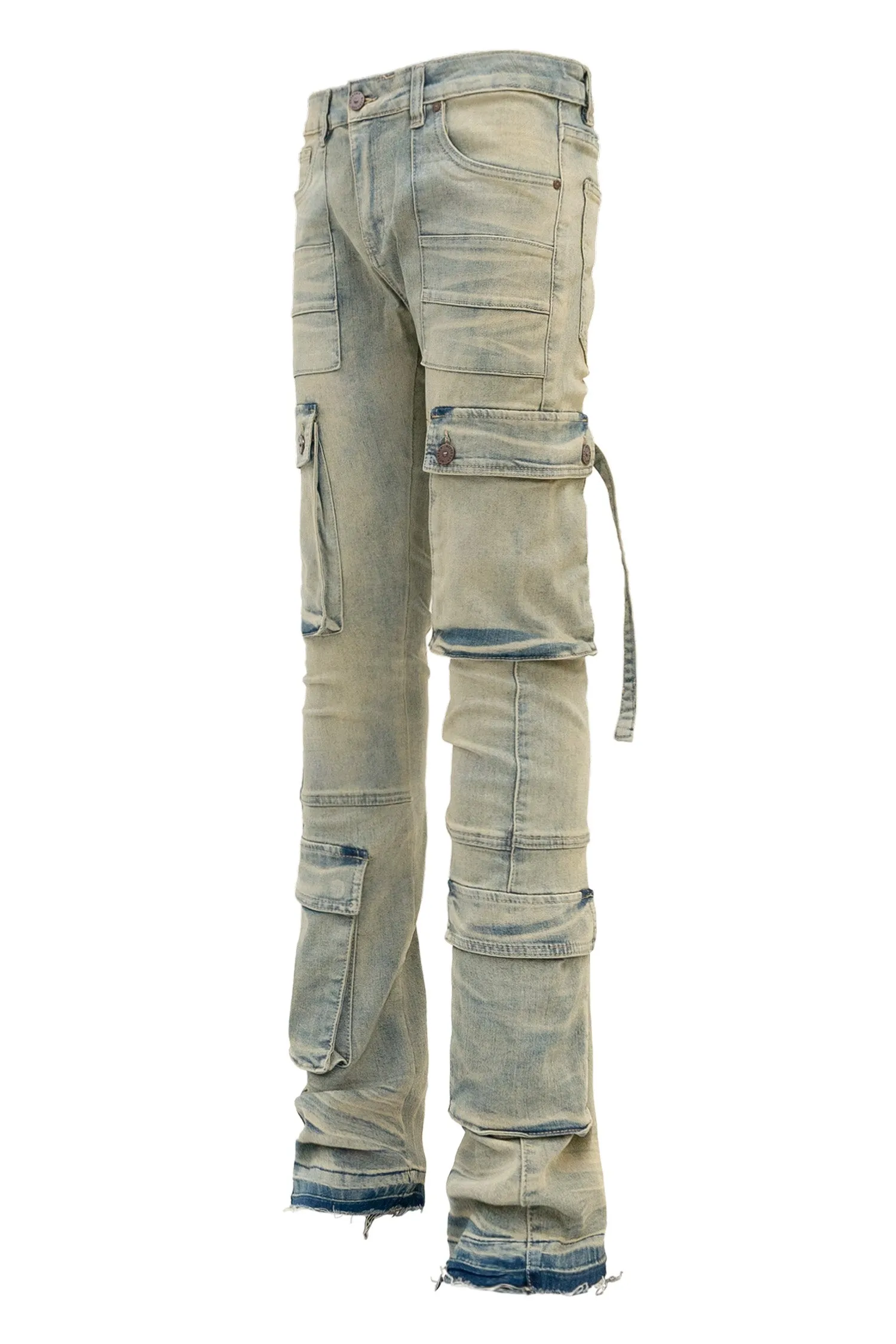 Men's 2-Tone Color Block Washed Stacked Flare Cargo Pants
