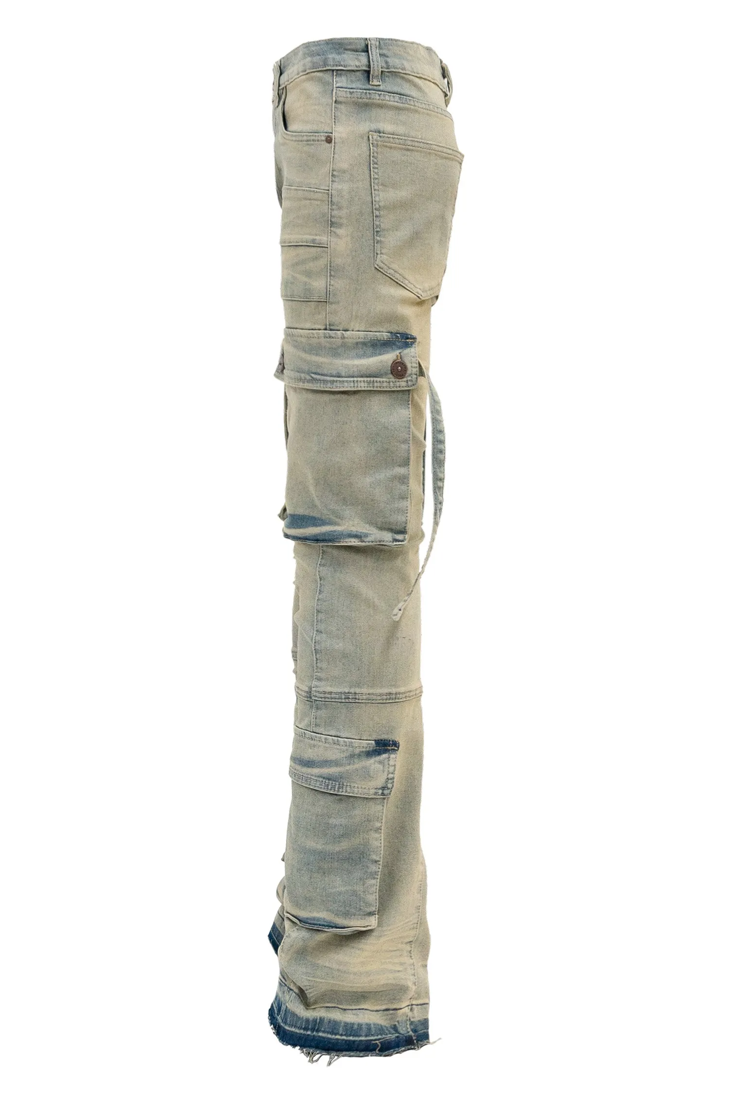 Men's 2-Tone Color Block Washed Stacked Flare Cargo Pants