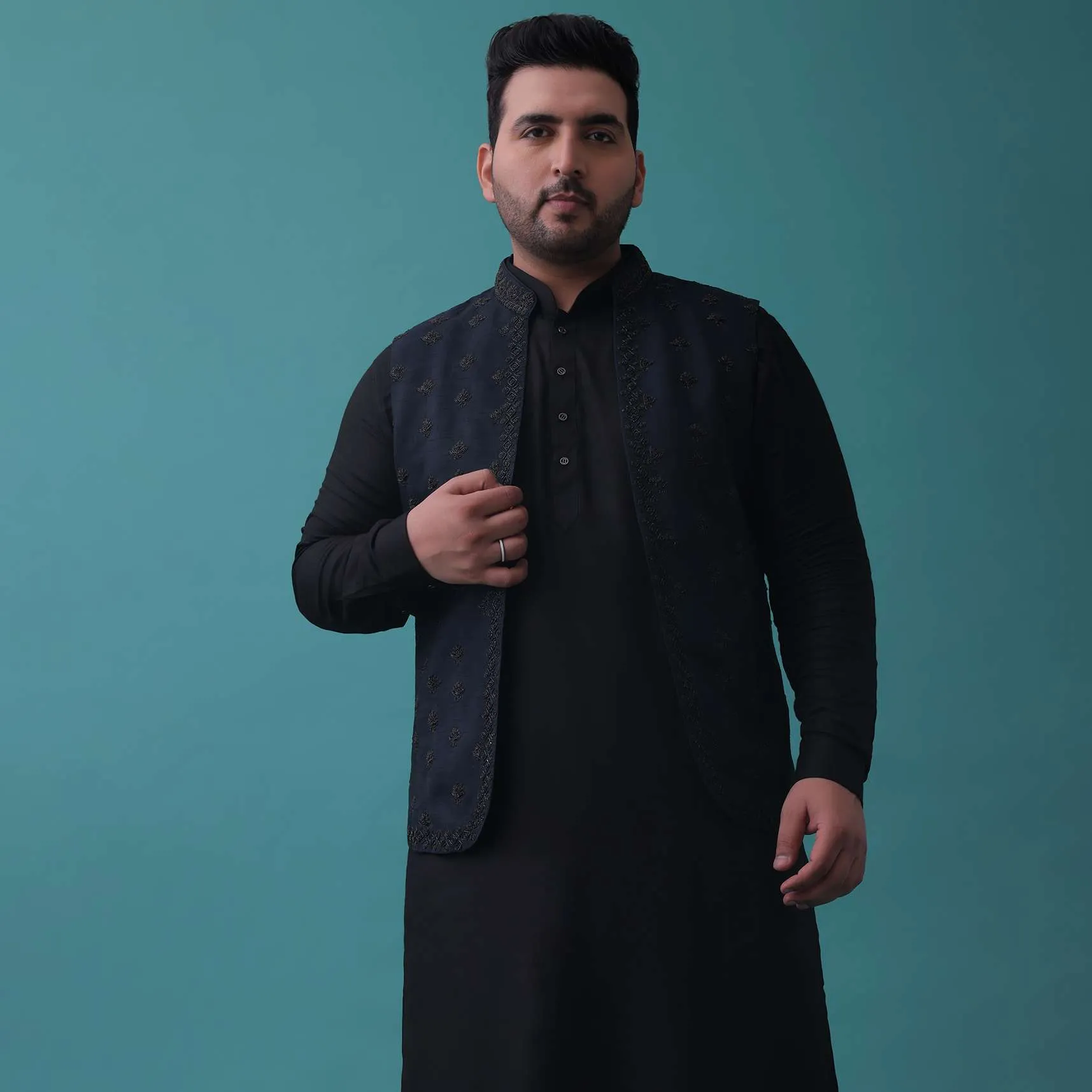Navy Blue And Black Embroidered Bandi Jacket Set In Cotton Silk