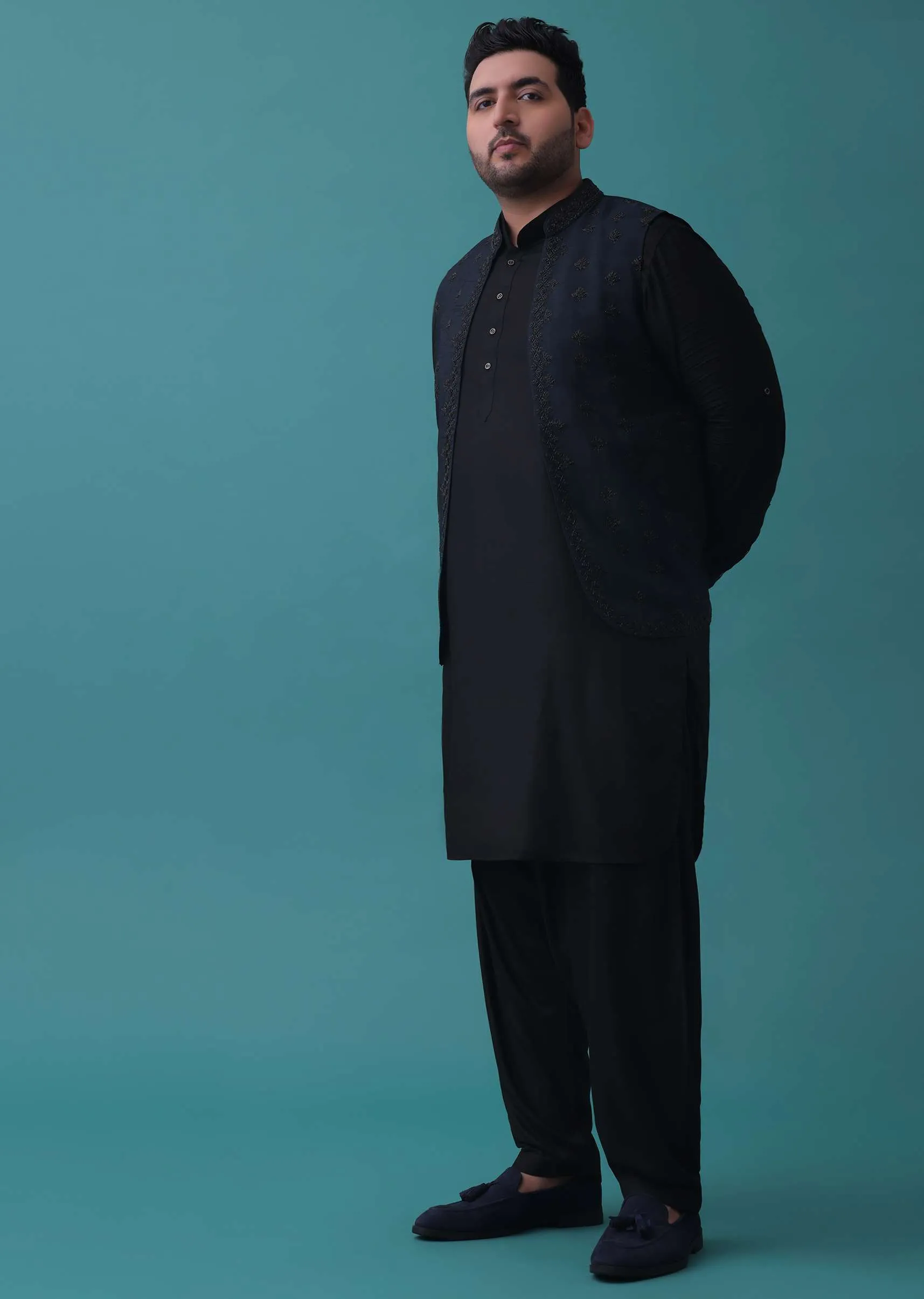 Navy Blue And Black Embroidered Bandi Jacket Set In Cotton Silk