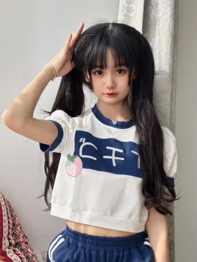 Navy Blue Round Neck Strawberry Cropped Top