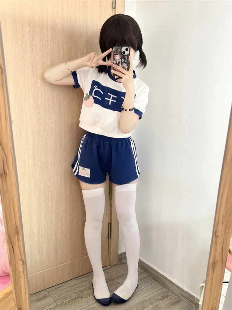 Navy Blue Round Neck Strawberry Cropped Top