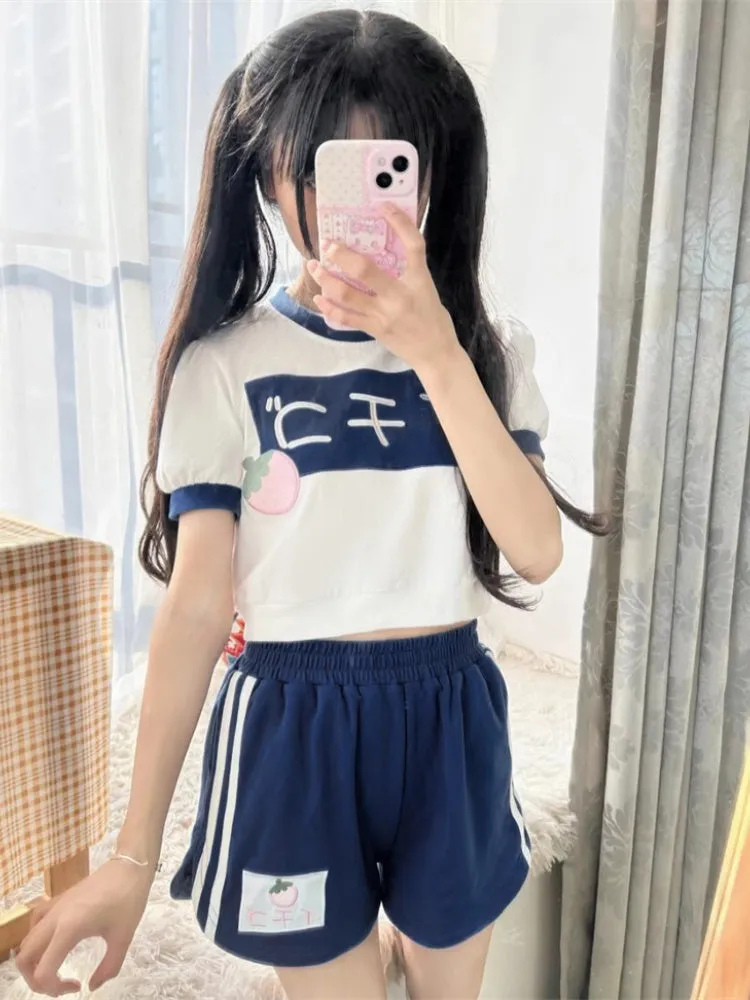 Navy Blue Round Neck Strawberry Cropped Top