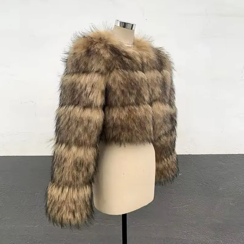 Raccoon Cropped 3 Row Faux Fur Jacket