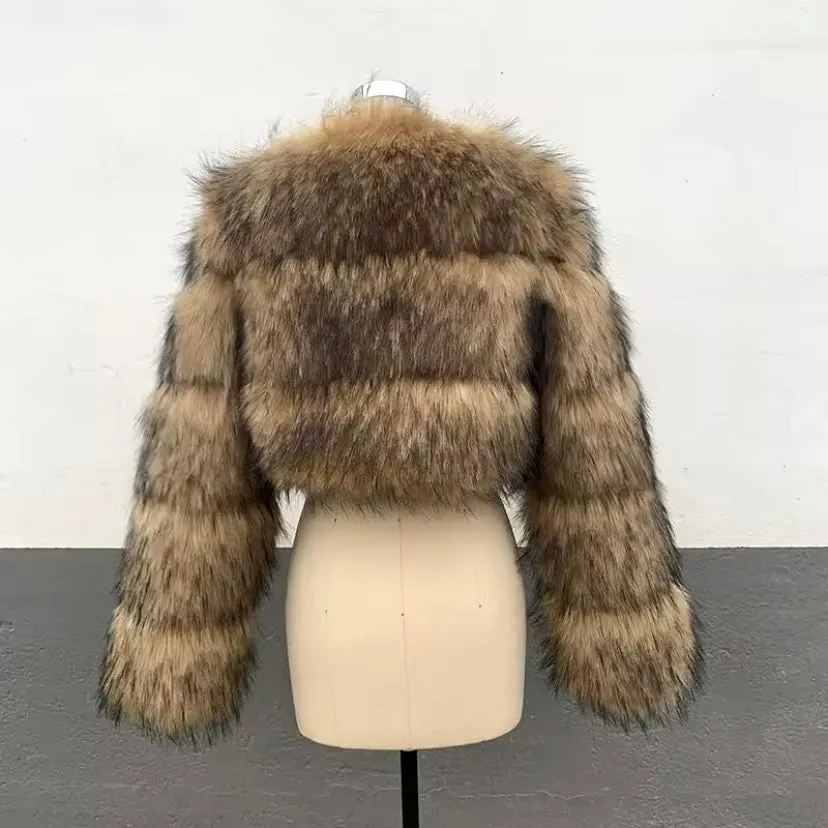 Raccoon Cropped 3 Row Faux Fur Jacket