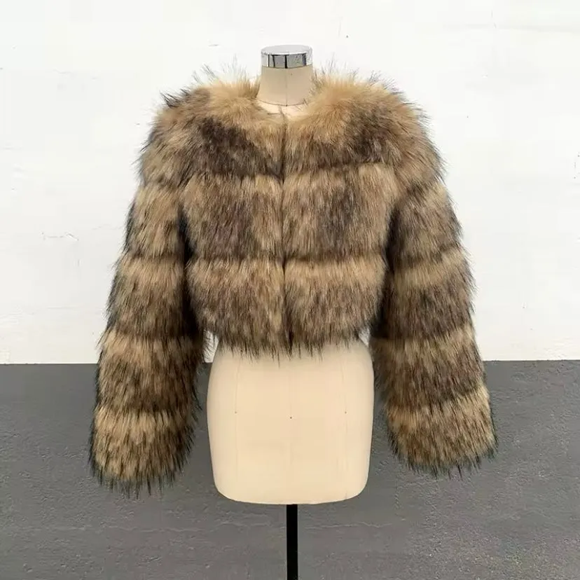 Raccoon Cropped 3 Row Faux Fur Jacket