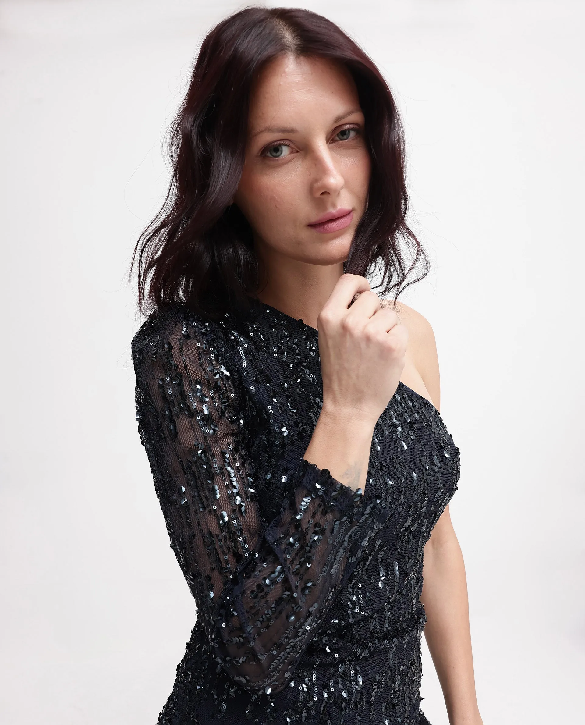 Rareism Women Vegas Metallic Navy Knit One Shoulder Sequined Dress