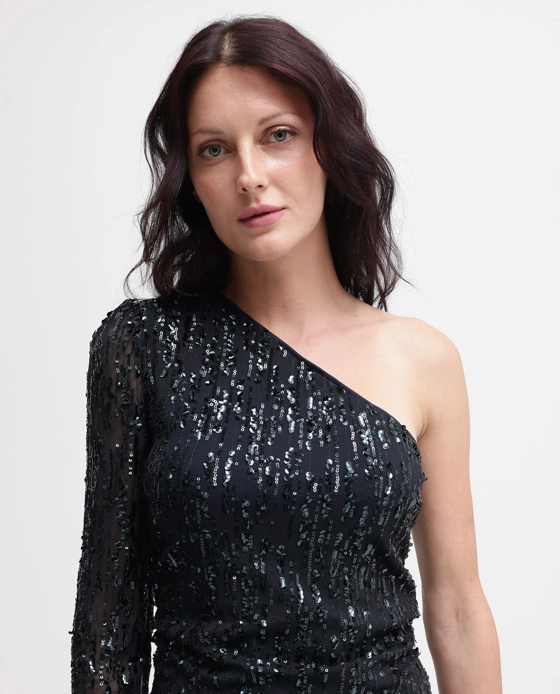 Rareism Women Vegas Metallic Navy Knit One Shoulder Sequined Dress