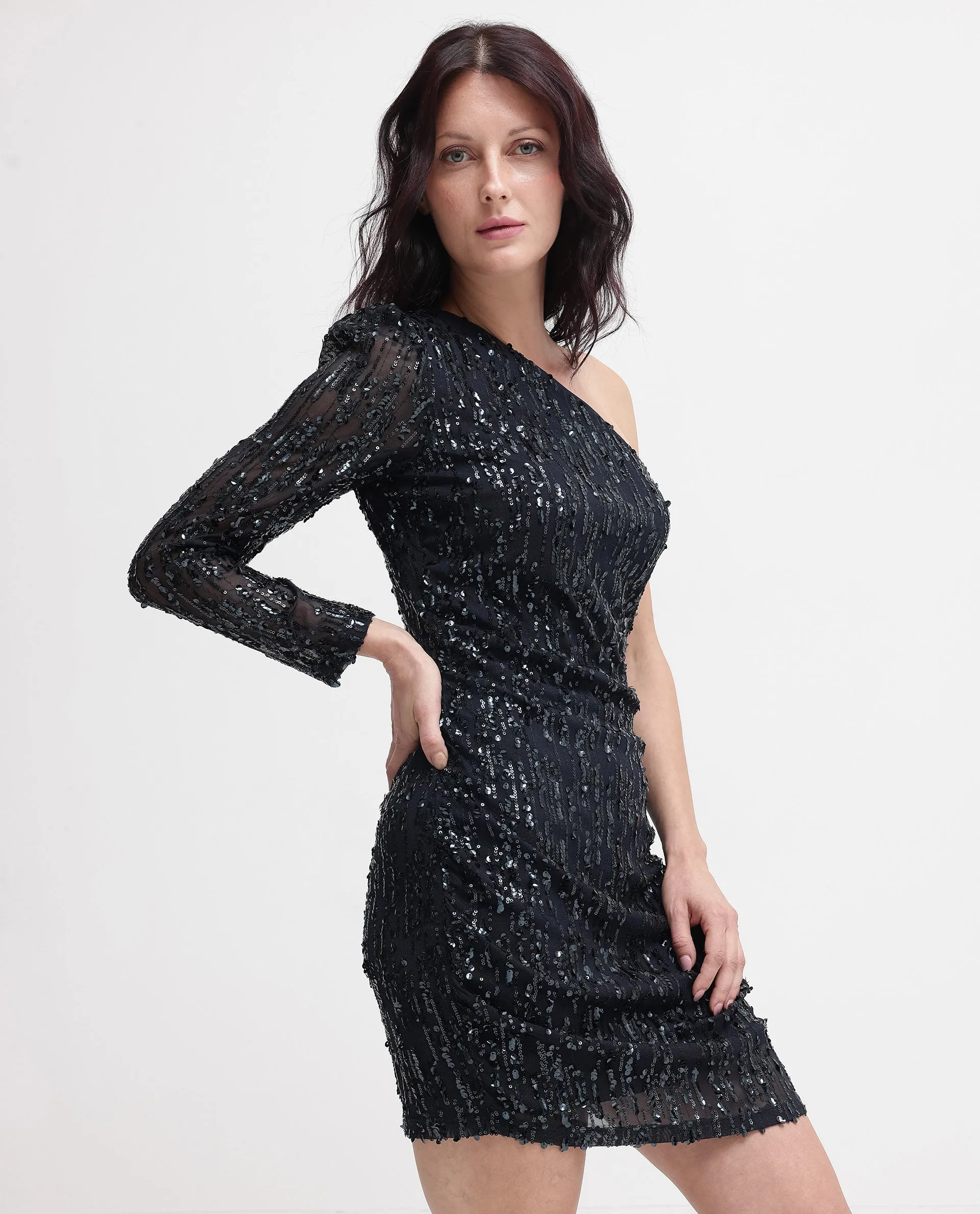 Rareism Women Vegas Metallic Navy Knit One Shoulder Sequined Dress