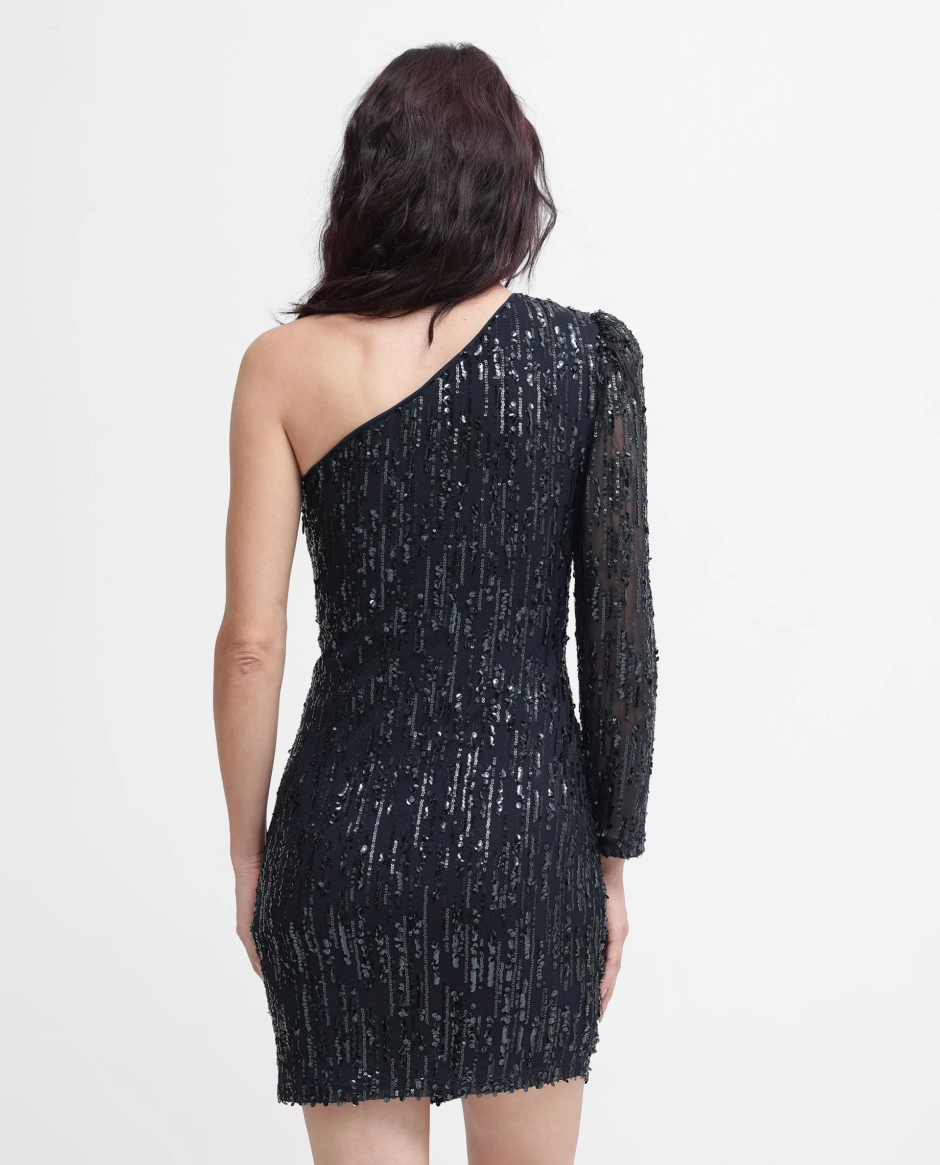 Rareism Women Vegas Metallic Navy Knit One Shoulder Sequined Dress