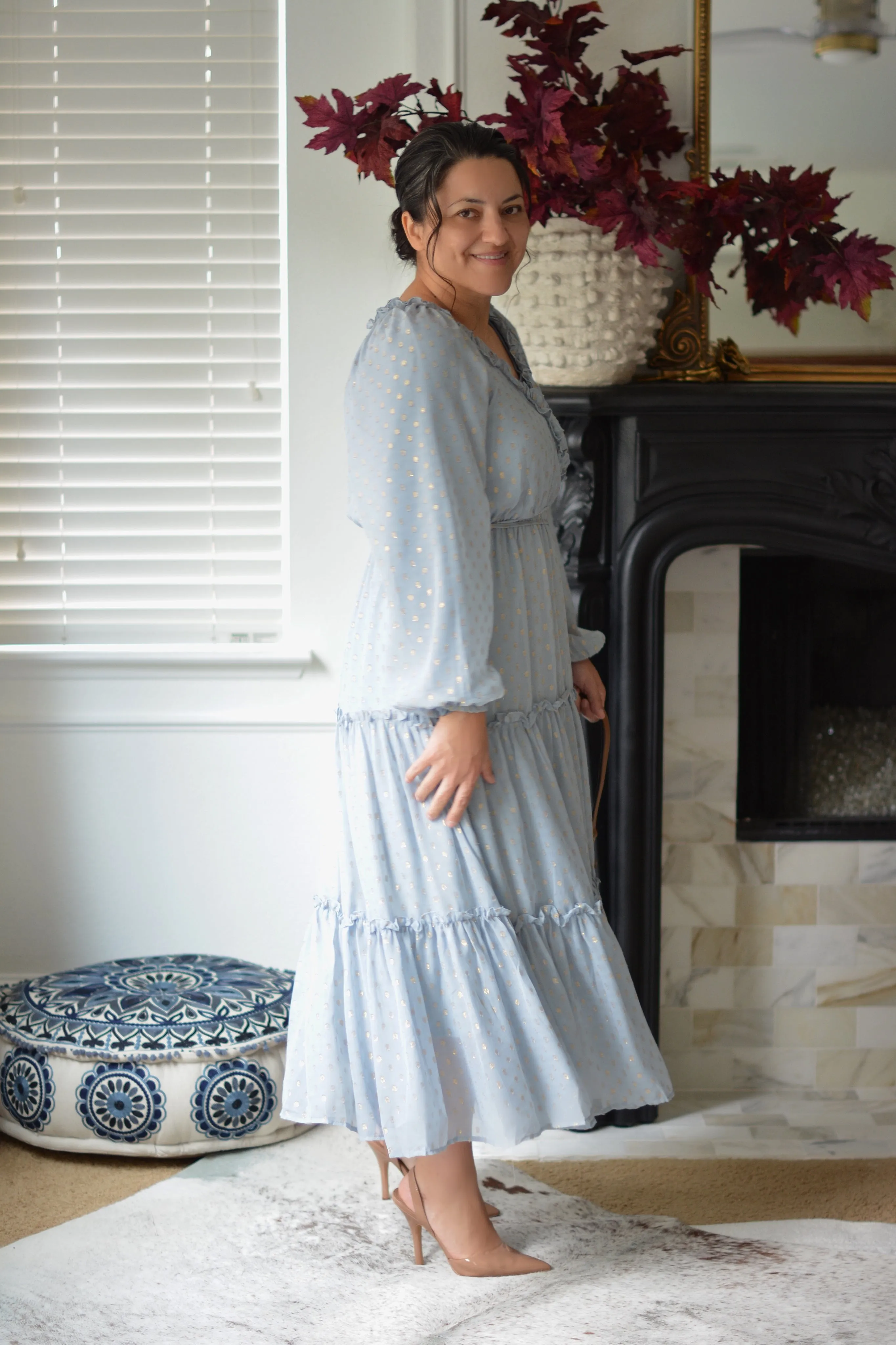 Ravenna Dusty Blue Gold Foil Dot Dress