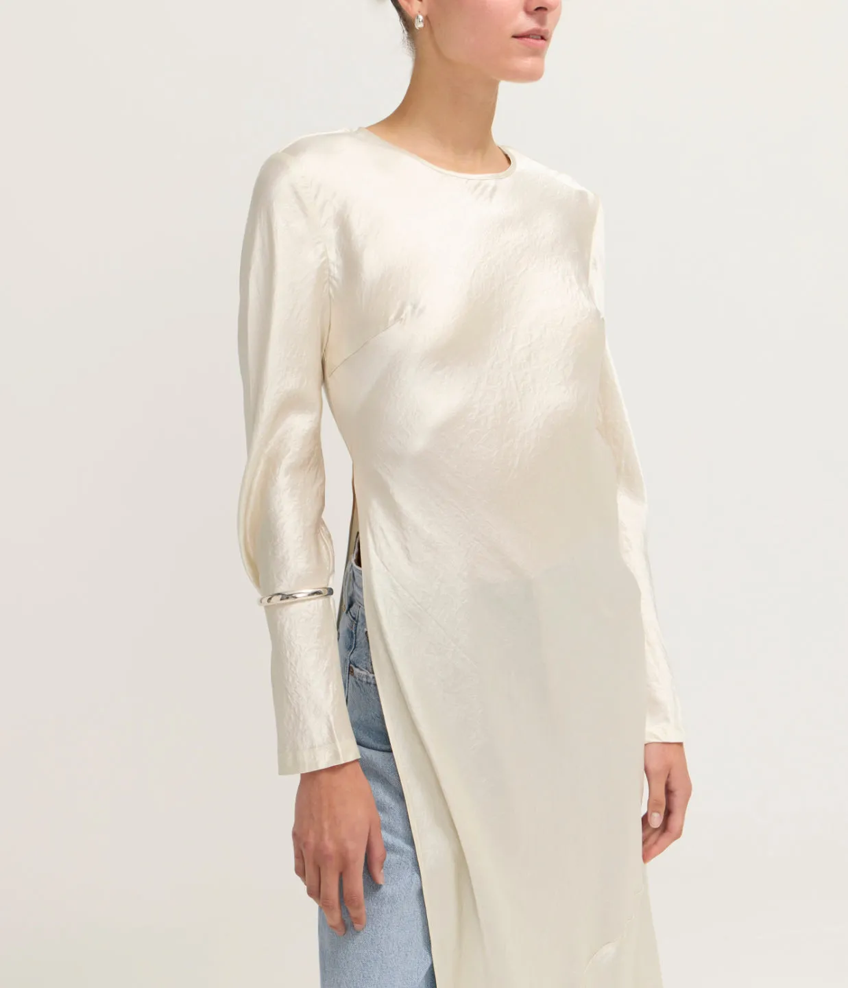 Revery High Split Long Sleeve Dress in Cream