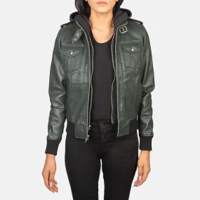 Roslyn Green Hooded Leather Bomber Jacket