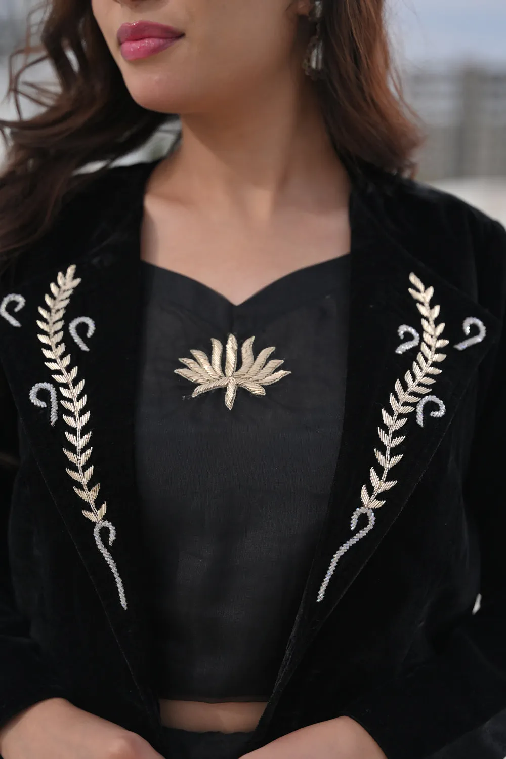Saira Black Velvet Blazer with Handcrafted Embellishments, Made to Order