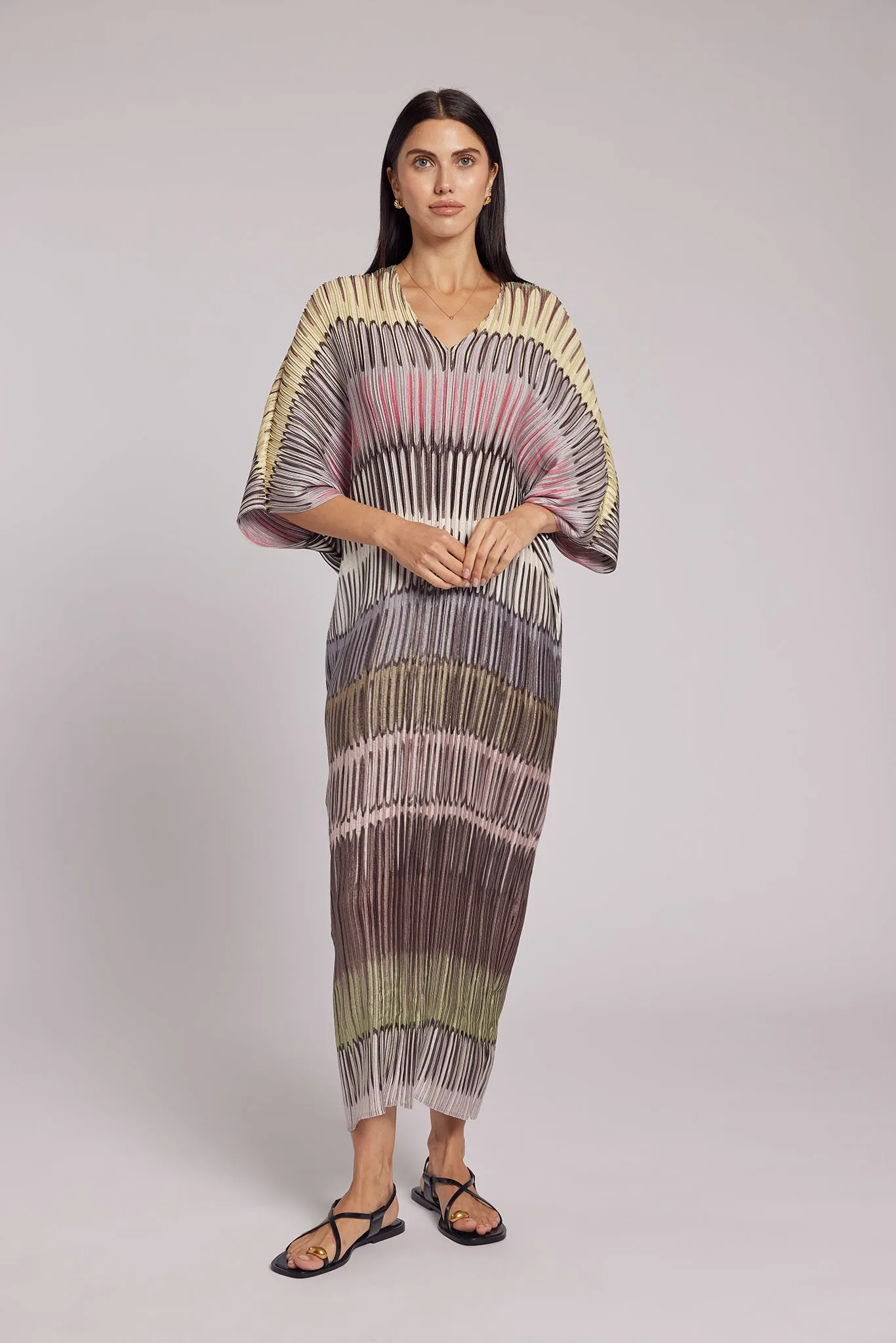 Savanna Painterly Stripes Plissé Kaftan Dress