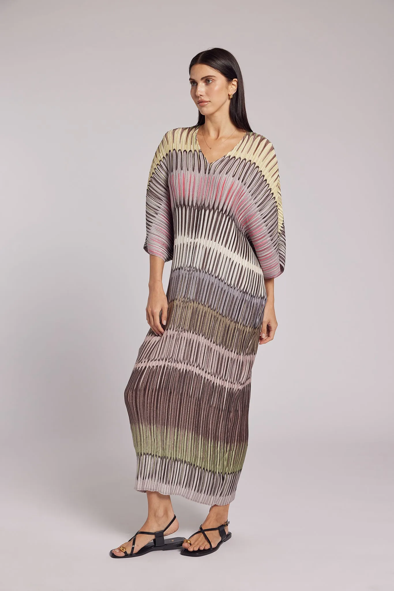 Savanna Painterly Stripes Plissé Kaftan Dress