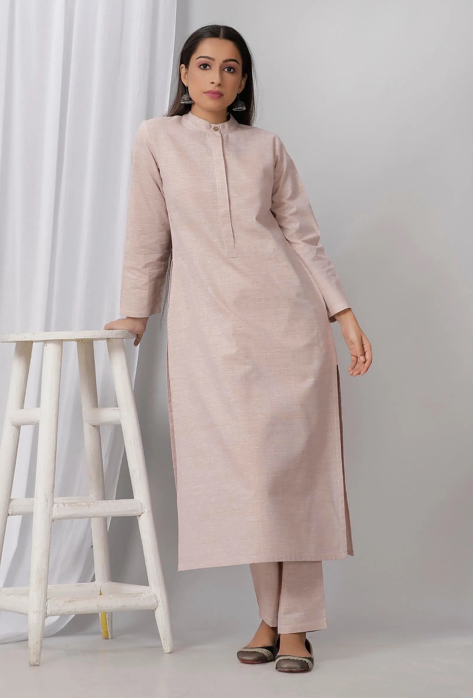 Set of 3: Brown Cotton Khadi Blazer with Kurta and Pants