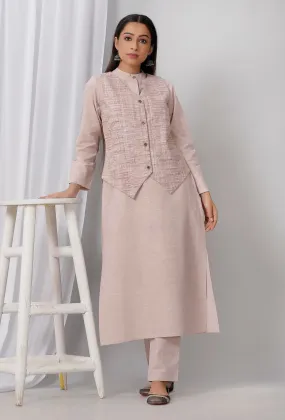 Set of 3: Brown Cotton Khadi Blazer with Kurta and Pants
