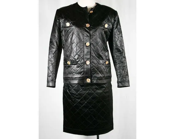Size 4 Black Suit - 1960s Designer Adolfo Quilted Satin Jacket & Skirt - Sexy Ladies Who Lunch - New York Label - Waist 25 - 40621