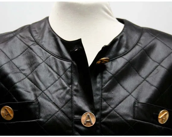 Size 4 Black Suit - 1960s Designer Adolfo Quilted Satin Jacket & Skirt - Sexy Ladies Who Lunch - New York Label - Waist 25 - 40621
