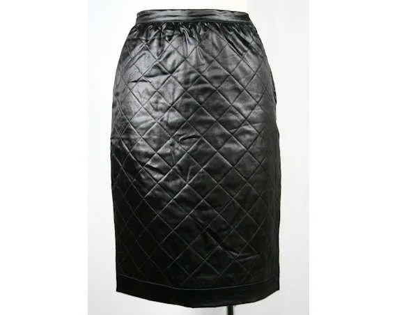Size 4 Black Suit - 1960s Designer Adolfo Quilted Satin Jacket & Skirt - Sexy Ladies Who Lunch - New York Label - Waist 25 - 40621