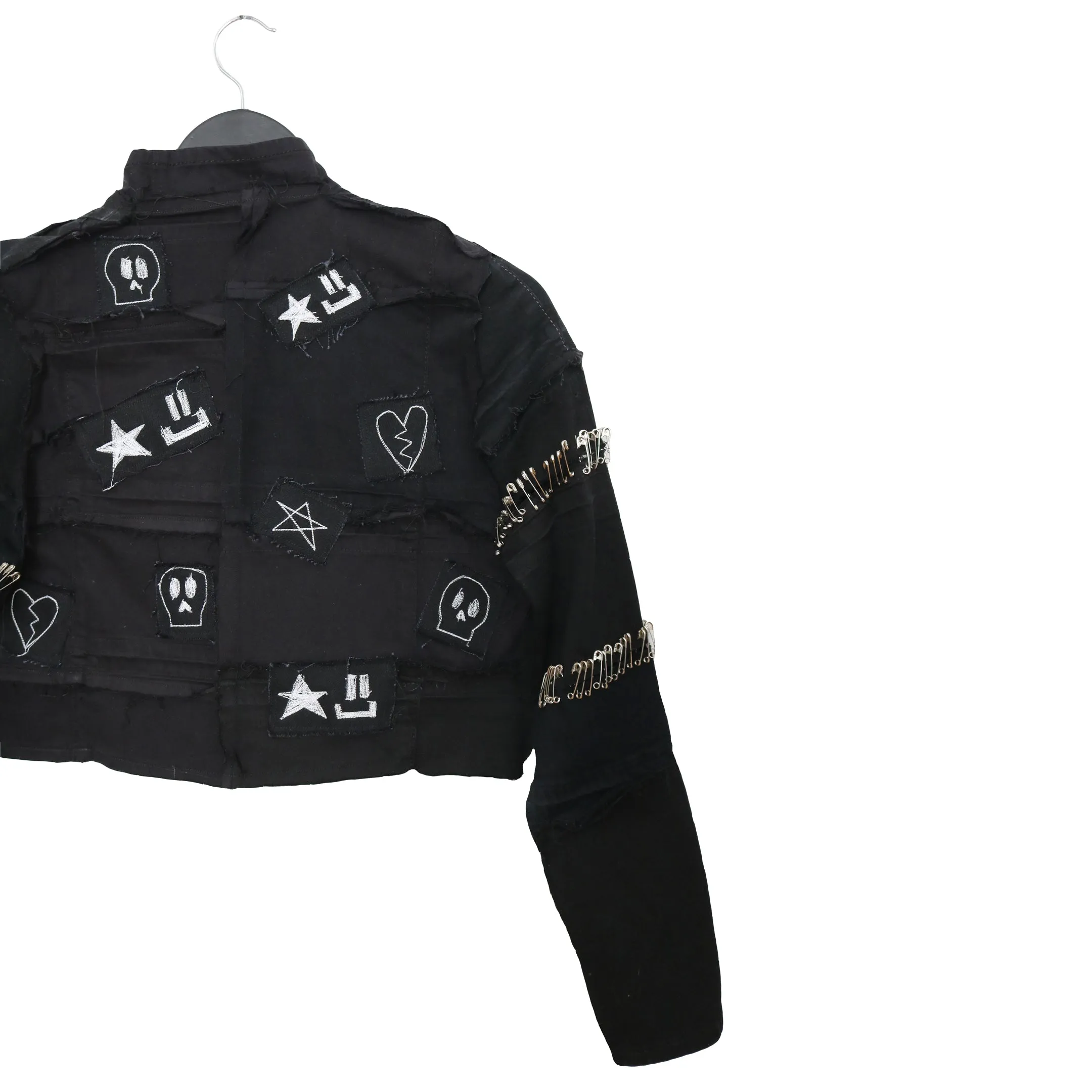 Sketchead - Upcycled Denim Crop Jacket with patches and safety pins