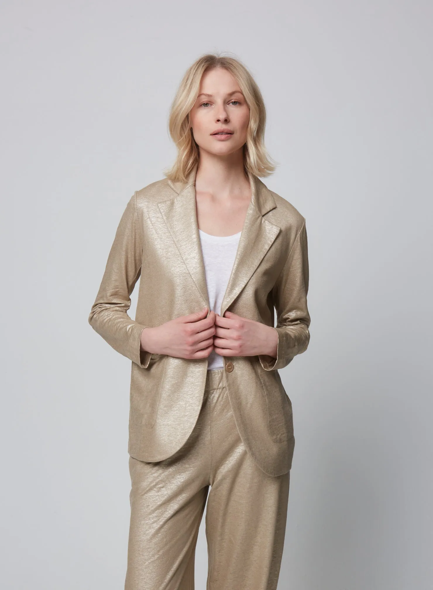 Stretch Linen Metallic One Button Blazer
