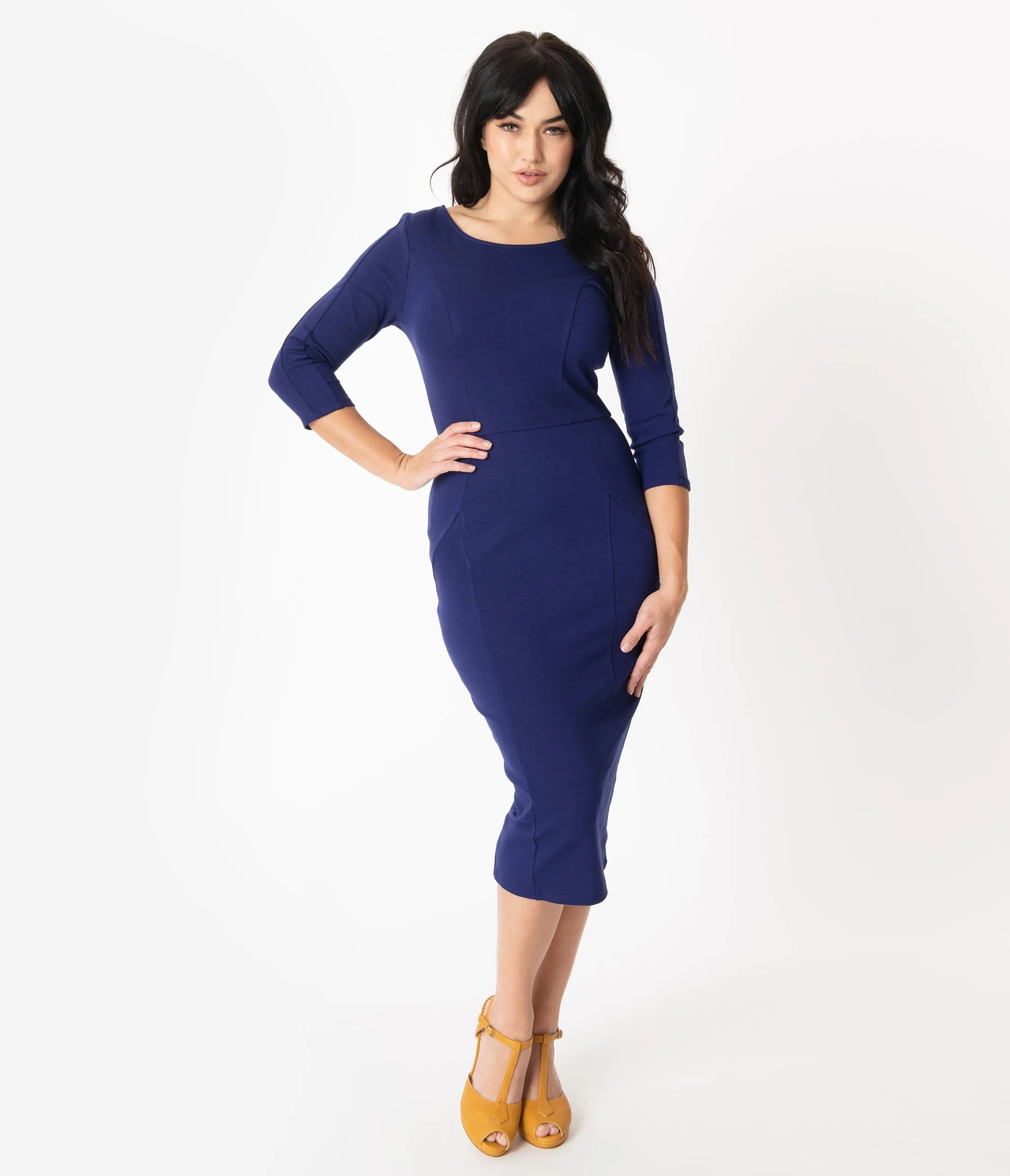Unique Vintage 1960s Navy Long Sleeve Mod Wiggle Dress