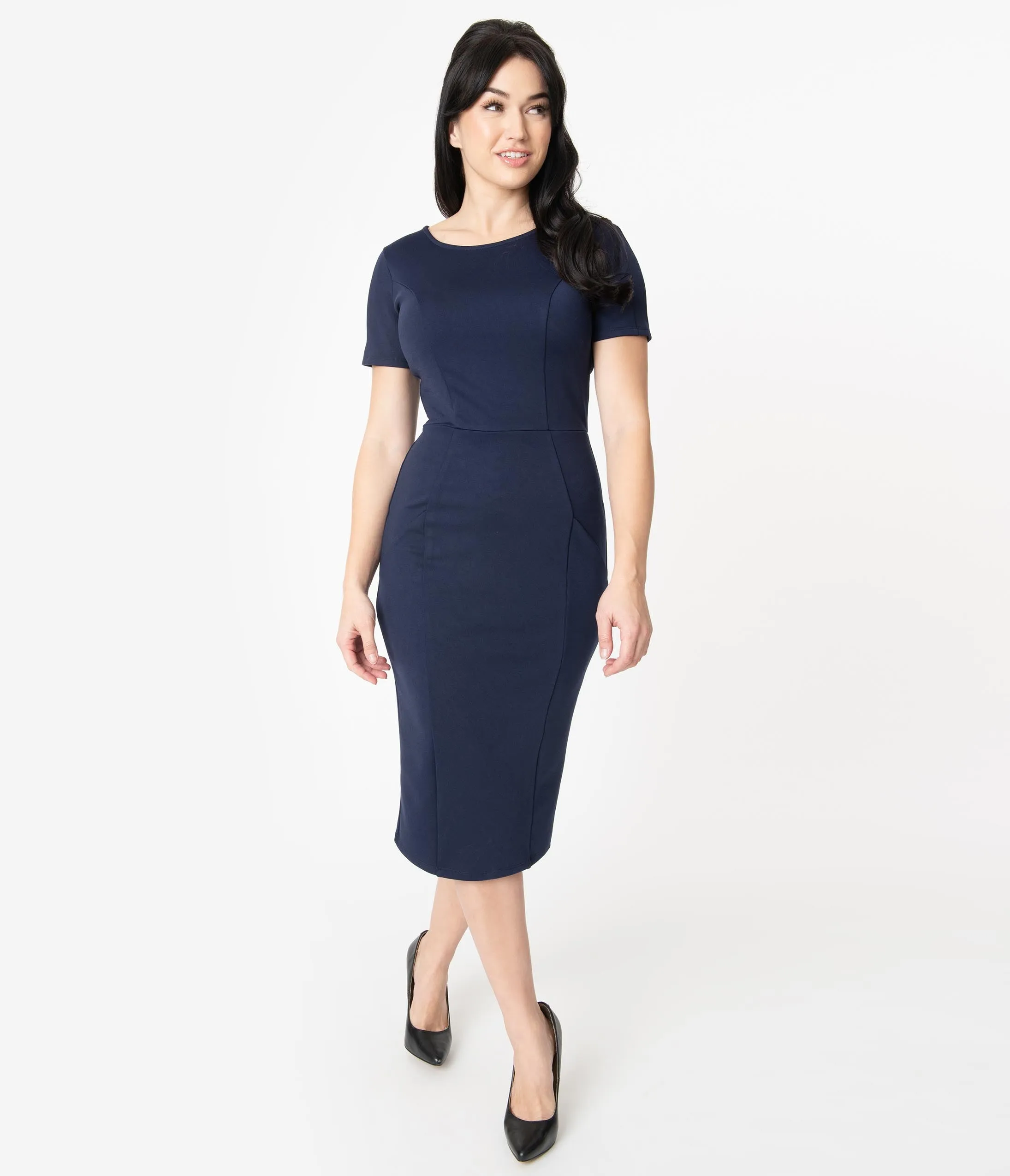 Unique Vintage 1960s Navy Short Sleeve Mod Wiggle Dress