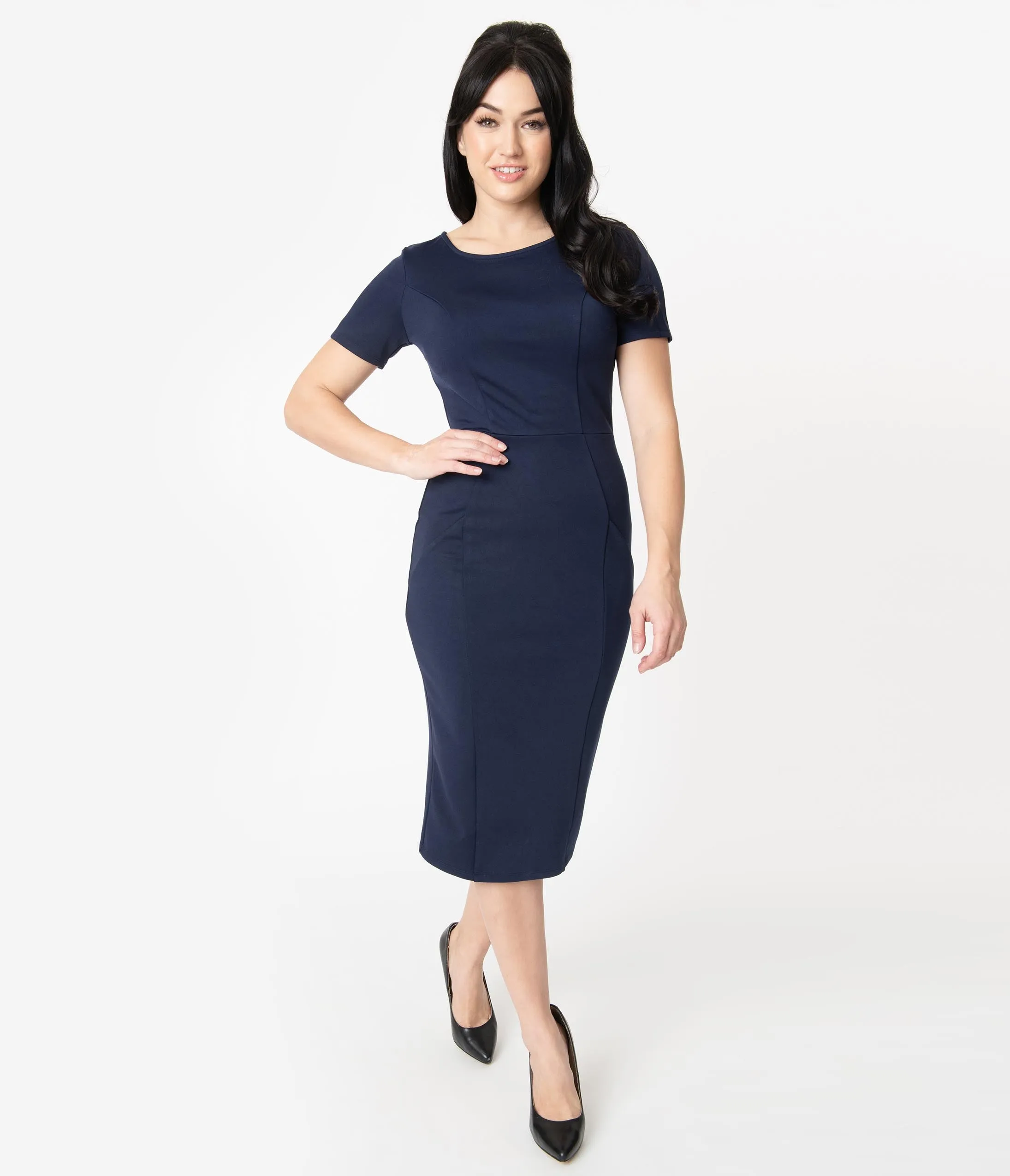 Unique Vintage 1960s Navy Short Sleeve Mod Wiggle Dress