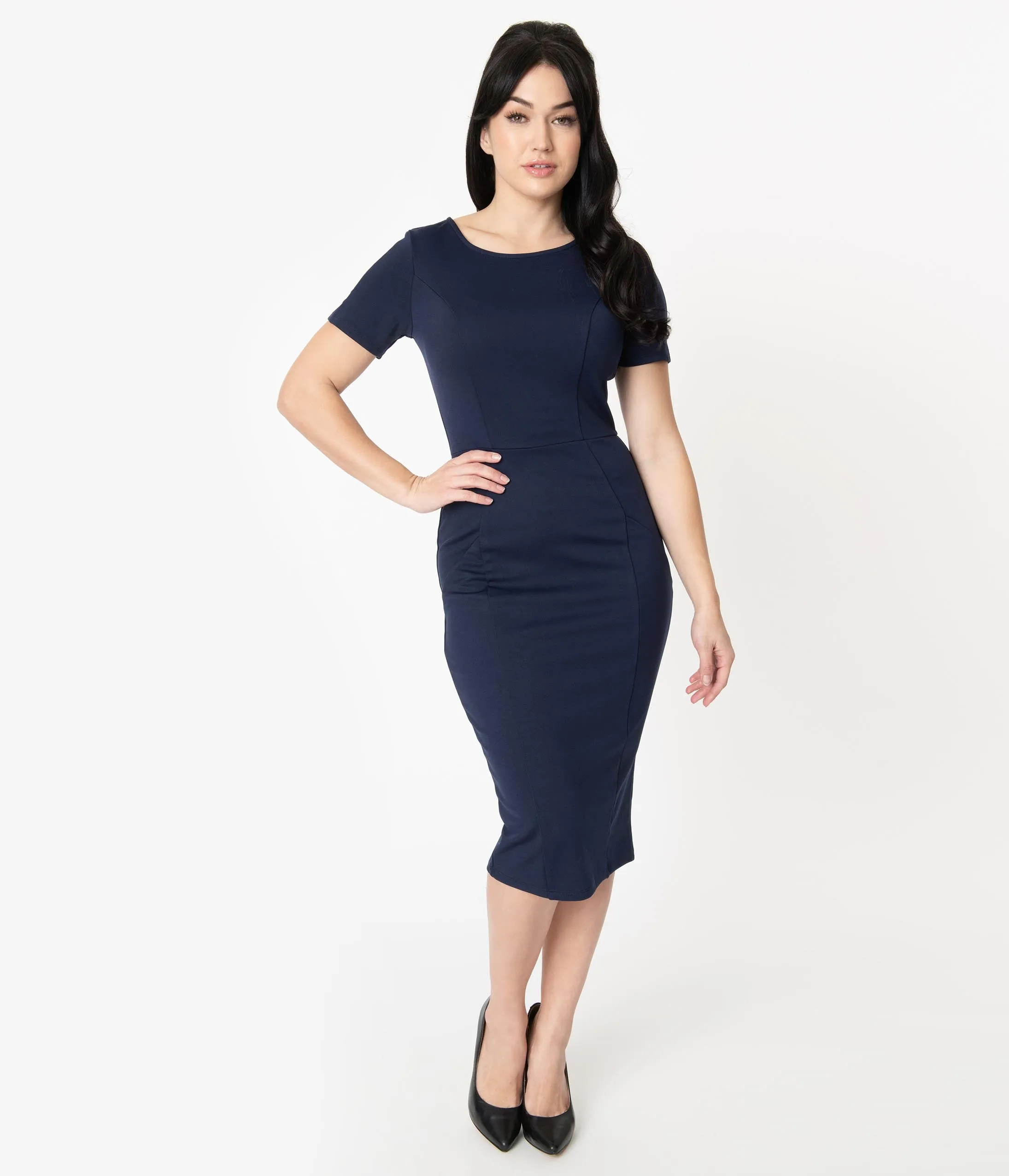 Unique Vintage 1960s Navy Short Sleeve Mod Wiggle Dress