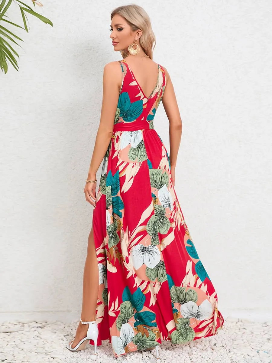 V-neck sleeveless slit printed long slip dress