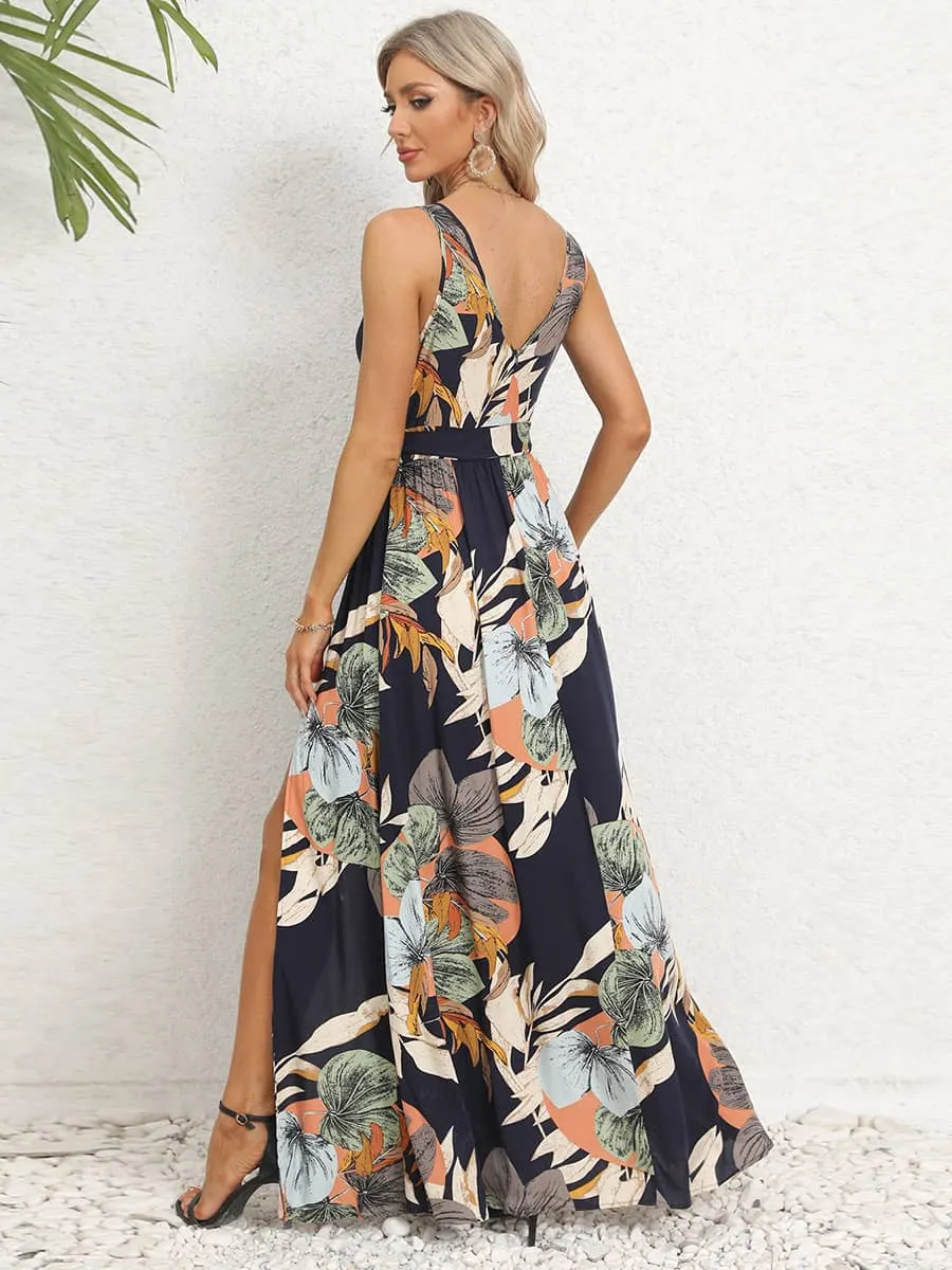 V-neck sleeveless slit printed long slip dress