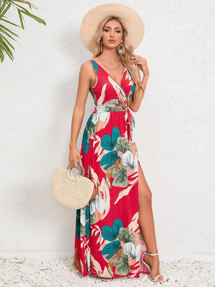 V-neck sleeveless slit printed long slip dress