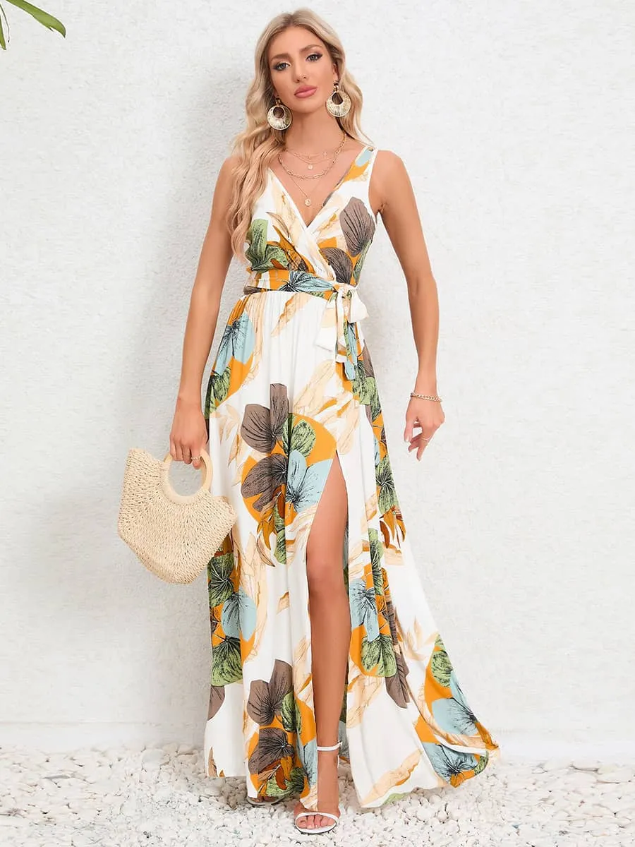 V-neck sleeveless slit printed long slip dress
