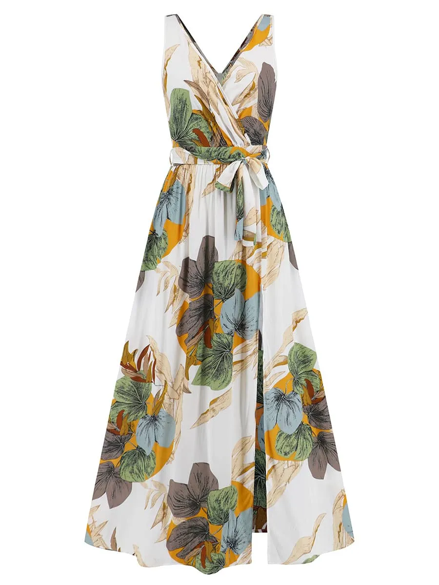 V-neck sleeveless slit printed long slip dress
