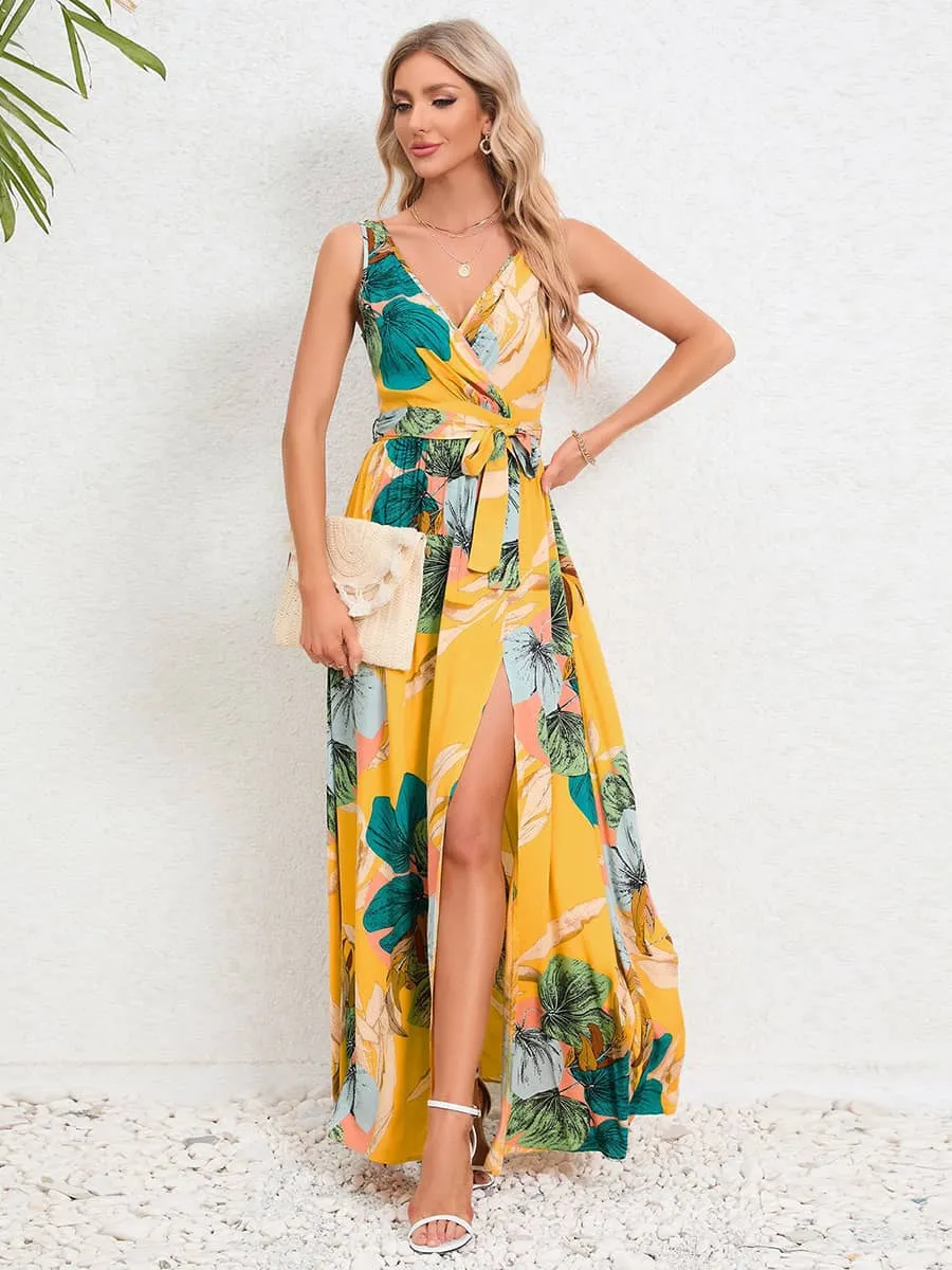 V-neck sleeveless slit printed long slip dress