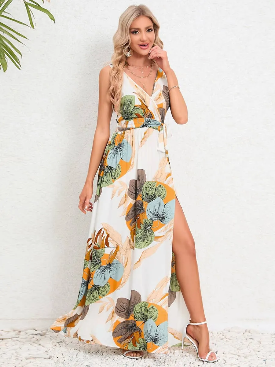 V-neck sleeveless slit printed long slip dress