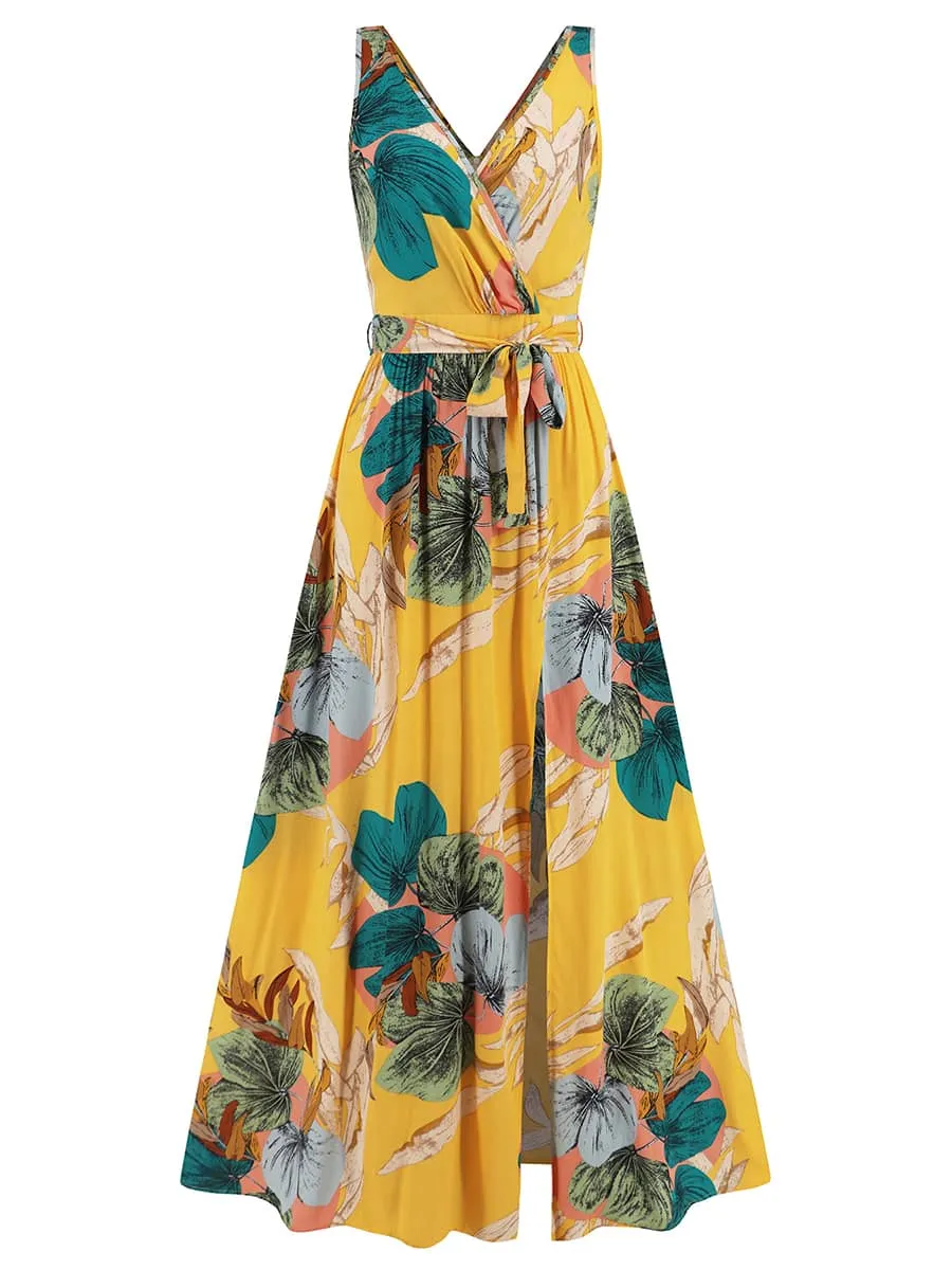 V-neck sleeveless slit printed long slip dress