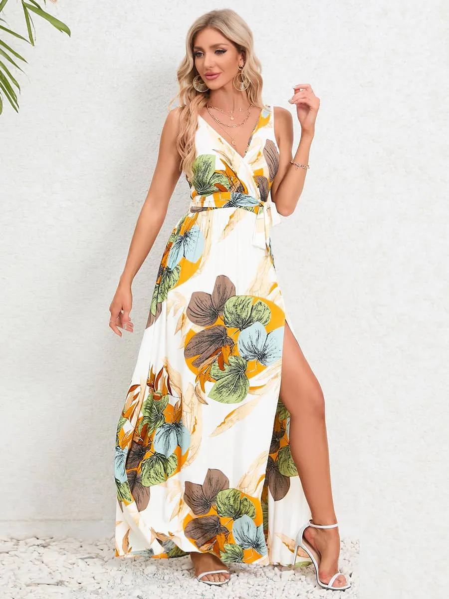 V-neck sleeveless slit printed long slip dress