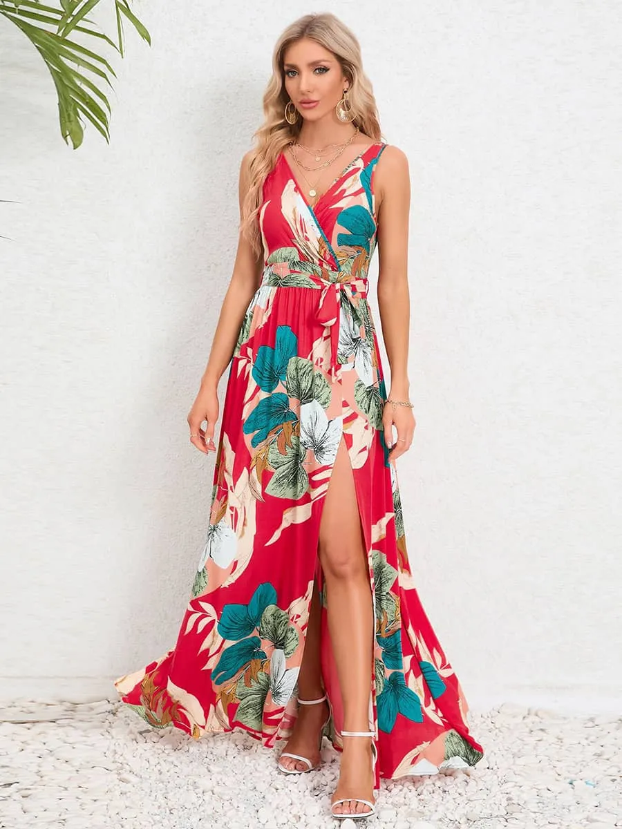 V-neck sleeveless slit printed long slip dress