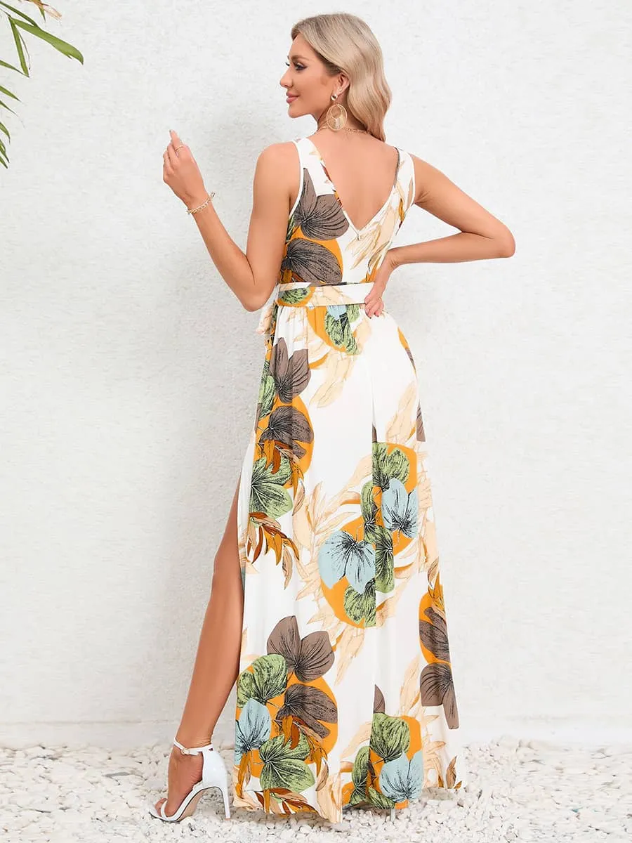 V-neck sleeveless slit printed long slip dress
