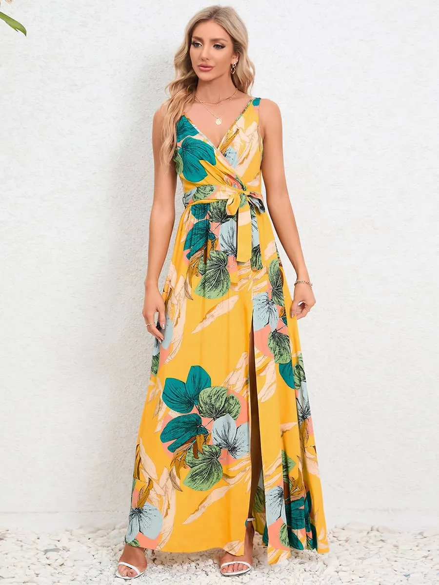 V-neck sleeveless slit printed long slip dress
