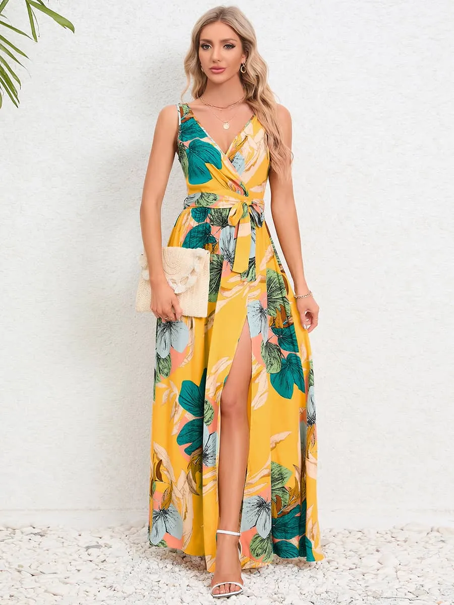 V-neck sleeveless slit printed long slip dress