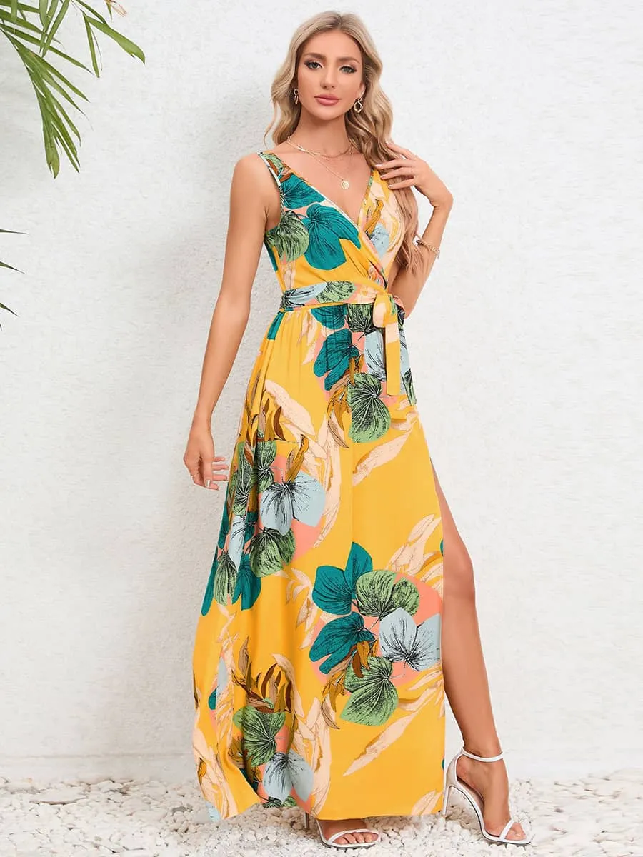 V-neck sleeveless slit printed long slip dress