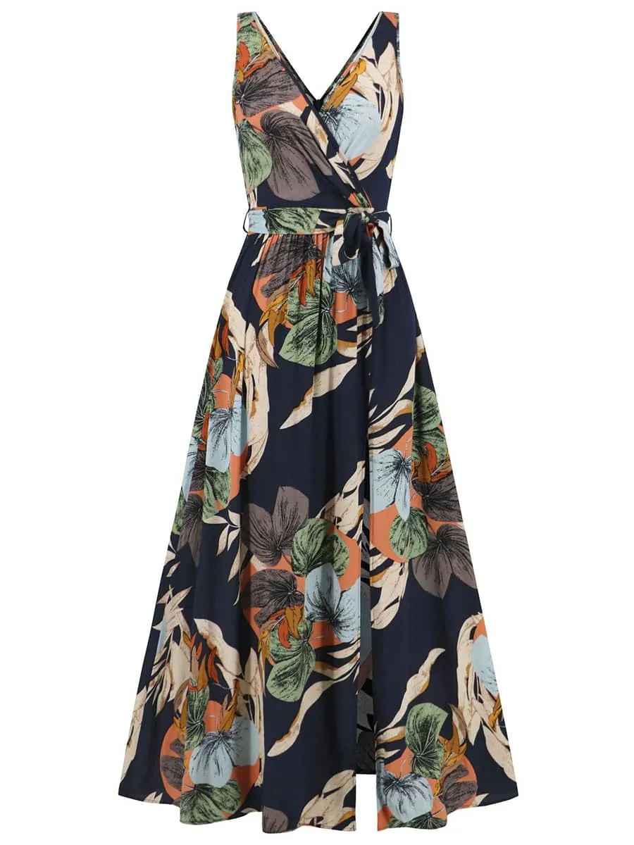 V-neck sleeveless slit printed long slip dress